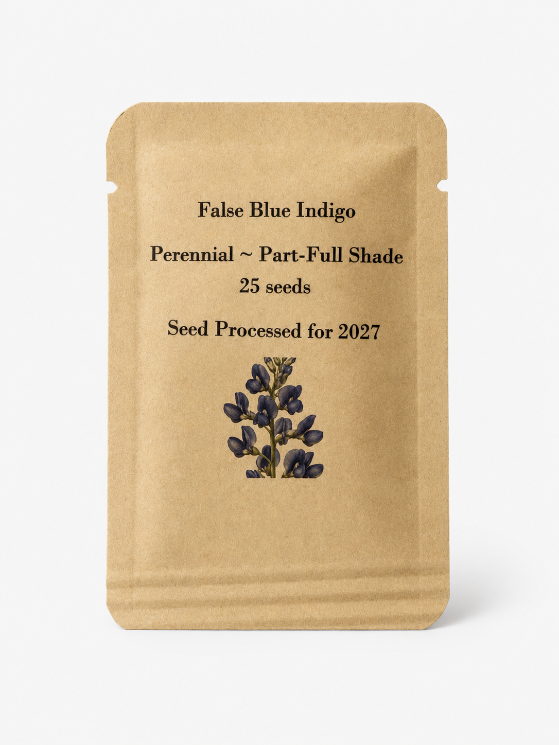Clean front view of Blue False Indigo seed packet containing 25 Baptisia australis seeds