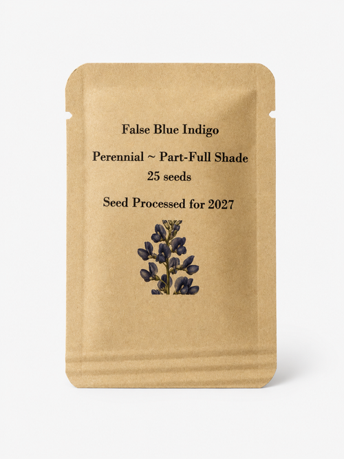 Clean front view of Blue False Indigo seed packet containing 25 Baptisia australis seeds