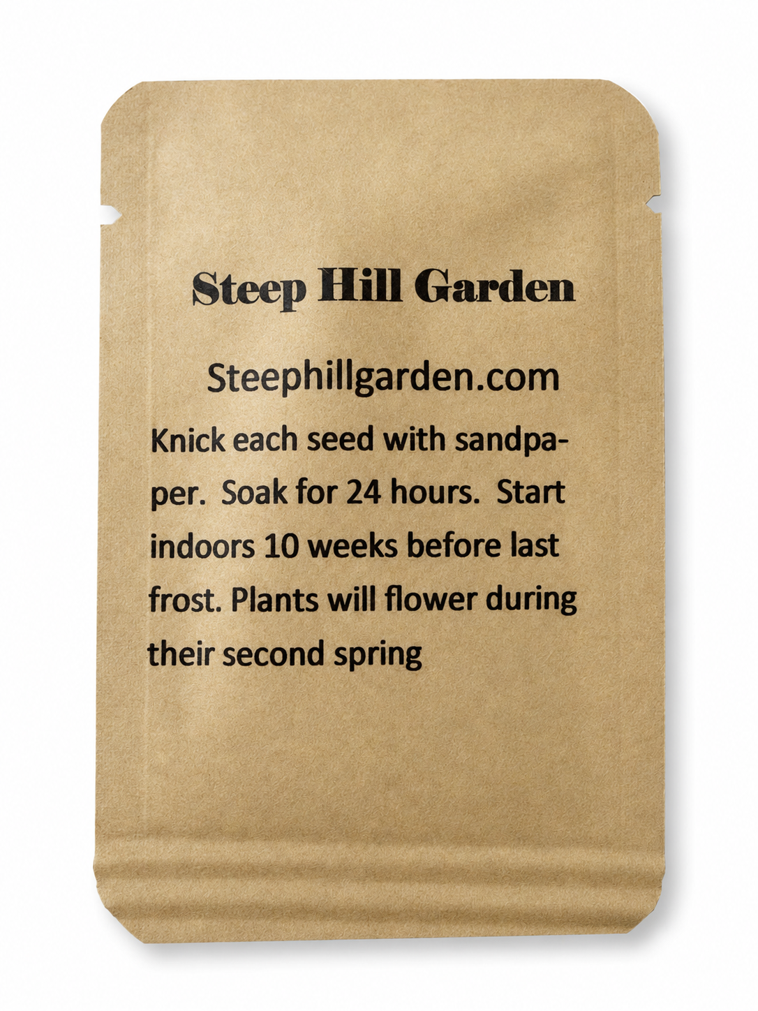 Clean back view of Steep Hill Garden Blue False Indigo seed packet with germination instructions