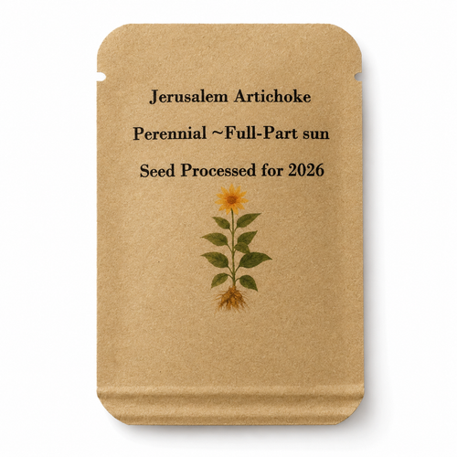 Jerusalem Artichoke Seeds - Helianthus Tuberosus, Perennial Vegetable, Full Sun, Zones 3-9 — seed packet front — clean studio product photo