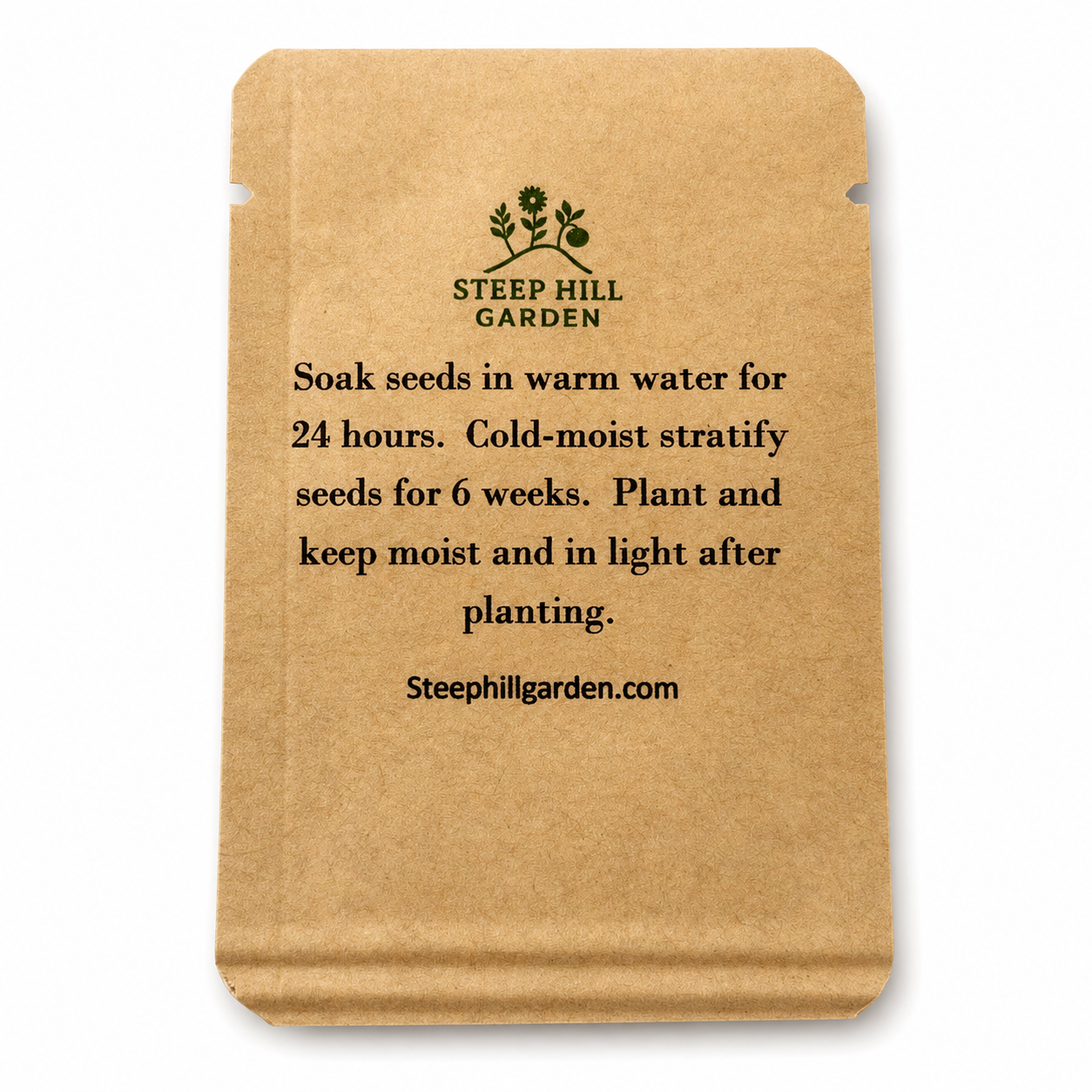 Clean back view of Steep Hill Garden Oakleaf Hydrangea seed packet with germination instructions