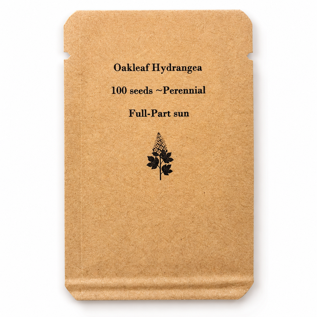 Clean front view of Oakleaf Hydrangea seed packet containing 100 seeds