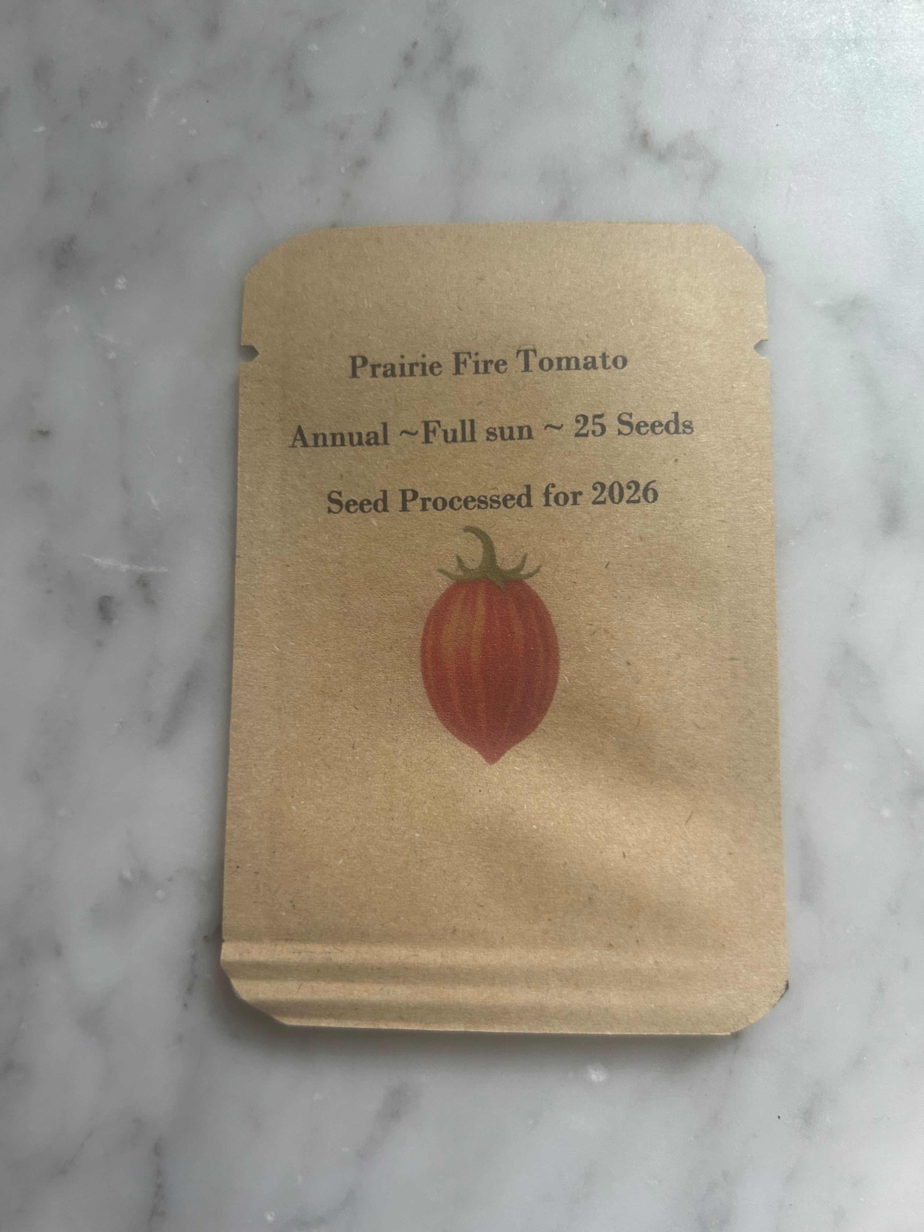 Prairie Fire Tomato Seeds – Striped Slicer, Sweet Flavor, 10–100 Seeds, Annual — seed packet front