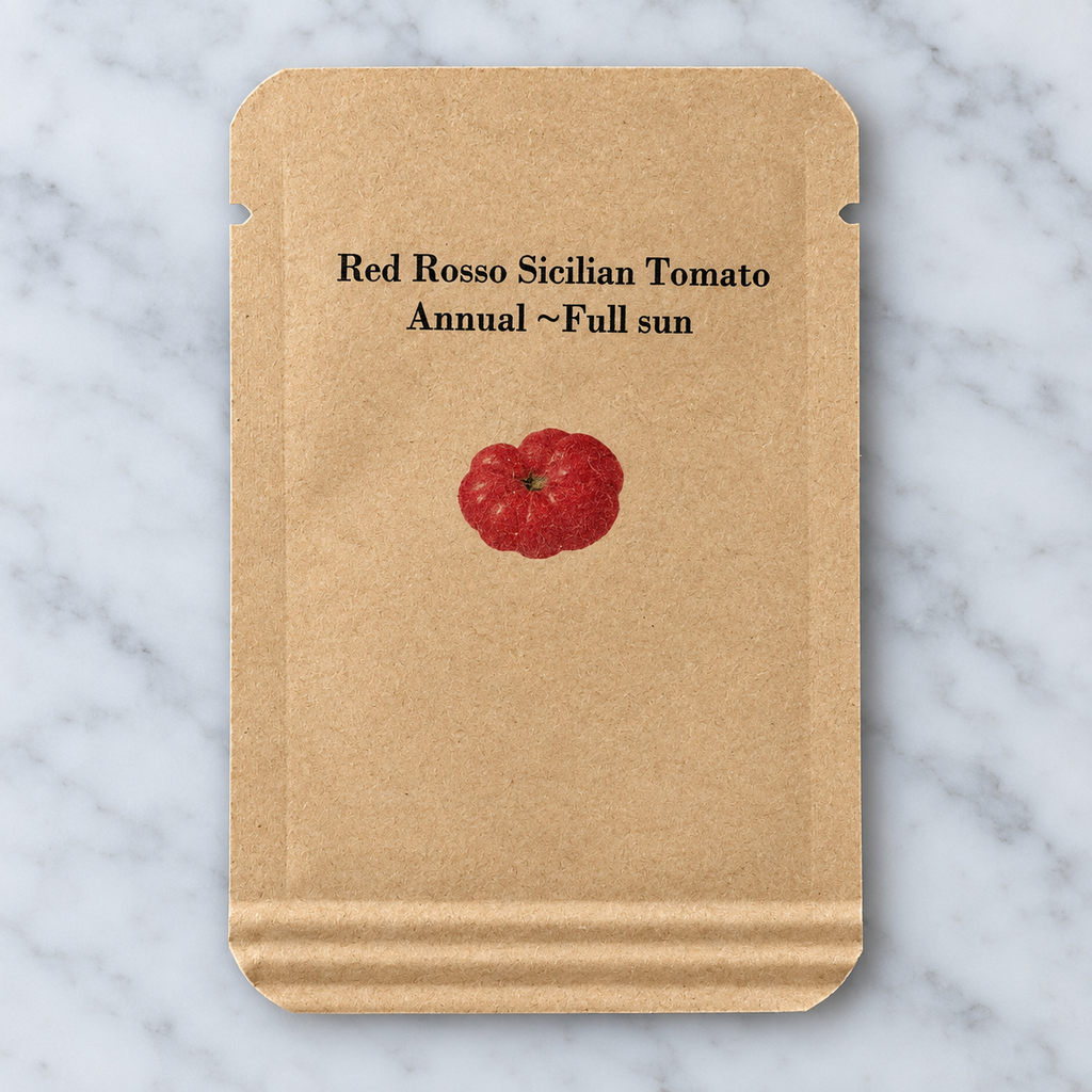 Front of Red Rosso Sicilian Tomato seed packet
