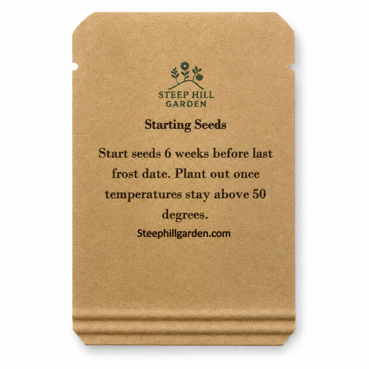 Tomato seed packet back — clean studio product photo
