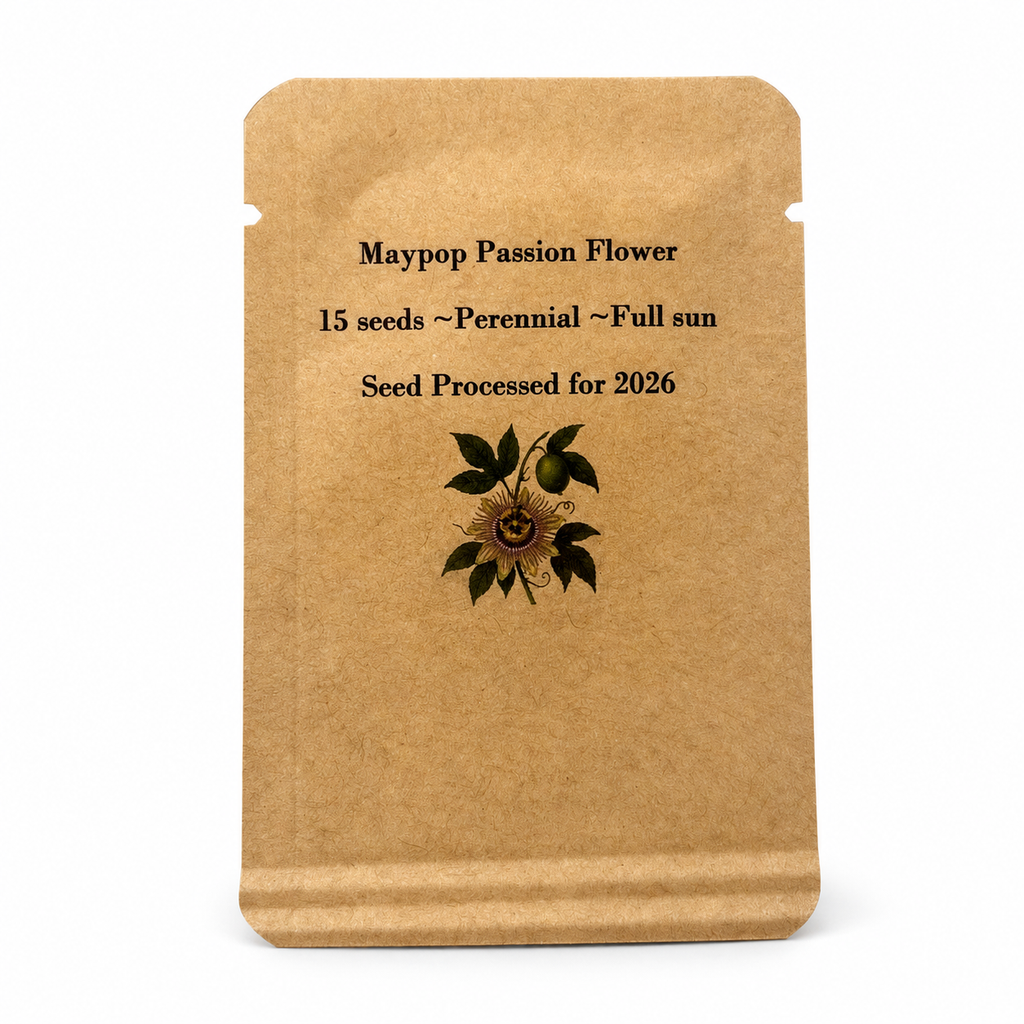 Maypop Passionflower Seeds - 15 Count, Passion Fruit, Native Vine, Zones 5-9 — seed packet front — clean studio product photo