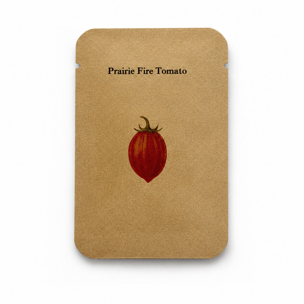 Prairie Fire Tomato Seeds – Striped Slicer, Sweet Flavor, 10–100 Seeds, Annual — seed packet front — clean studio product photo
