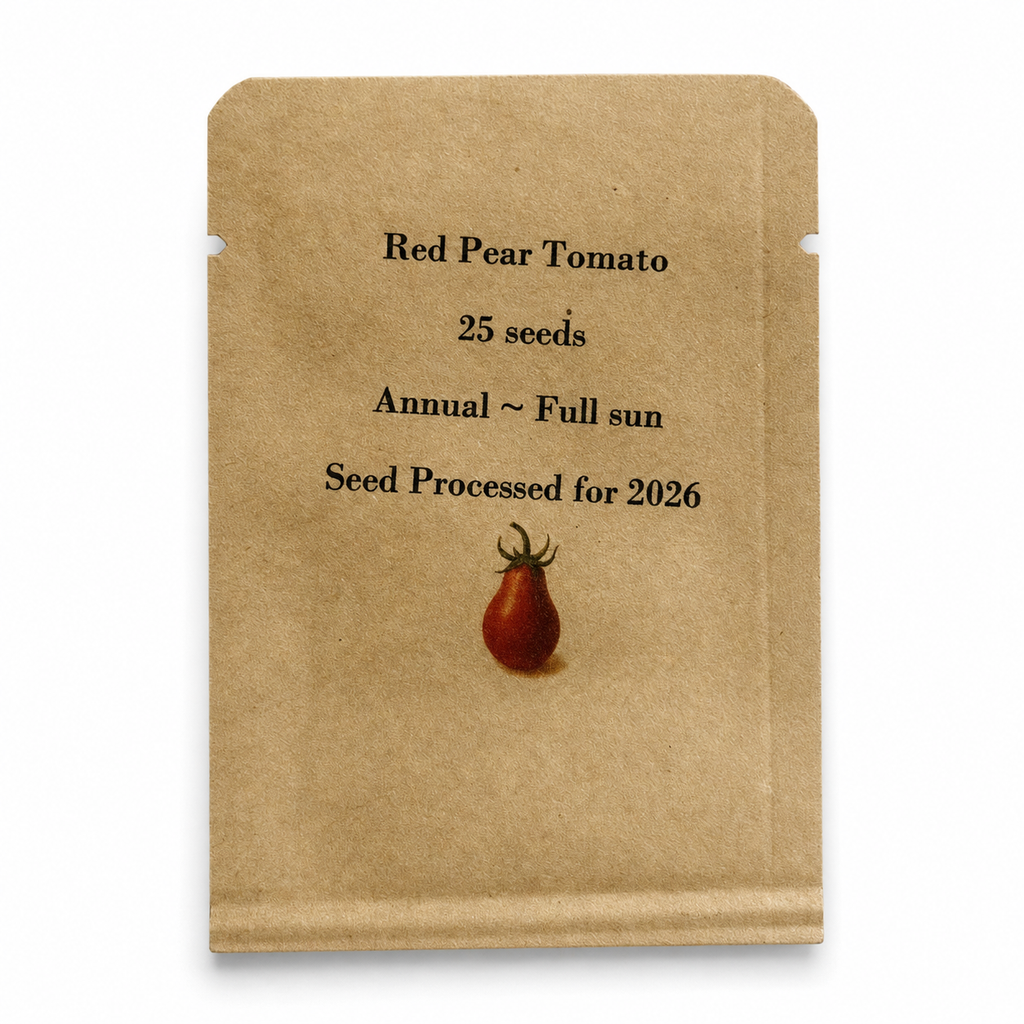 Steep Hill Garden Red Pear Tomato Seeds — seed packet front — clean studio product photo